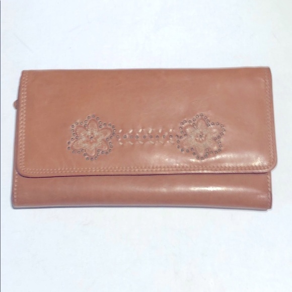 Rolf’s Caramel / tan leather stiched floral print wallet boho style - Picture 1 of 7